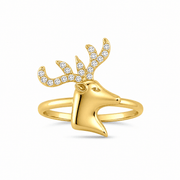 14ct Yellow Gold Stag Ring with Cubic Zirconia Antlers - Size O - Kolié Fine Jewellery