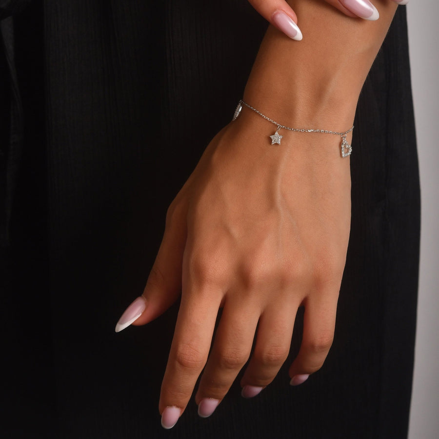 9ct White Gold Charm Bracelet • CZ Star & Heart Charms - Kolié Fine Jewellery