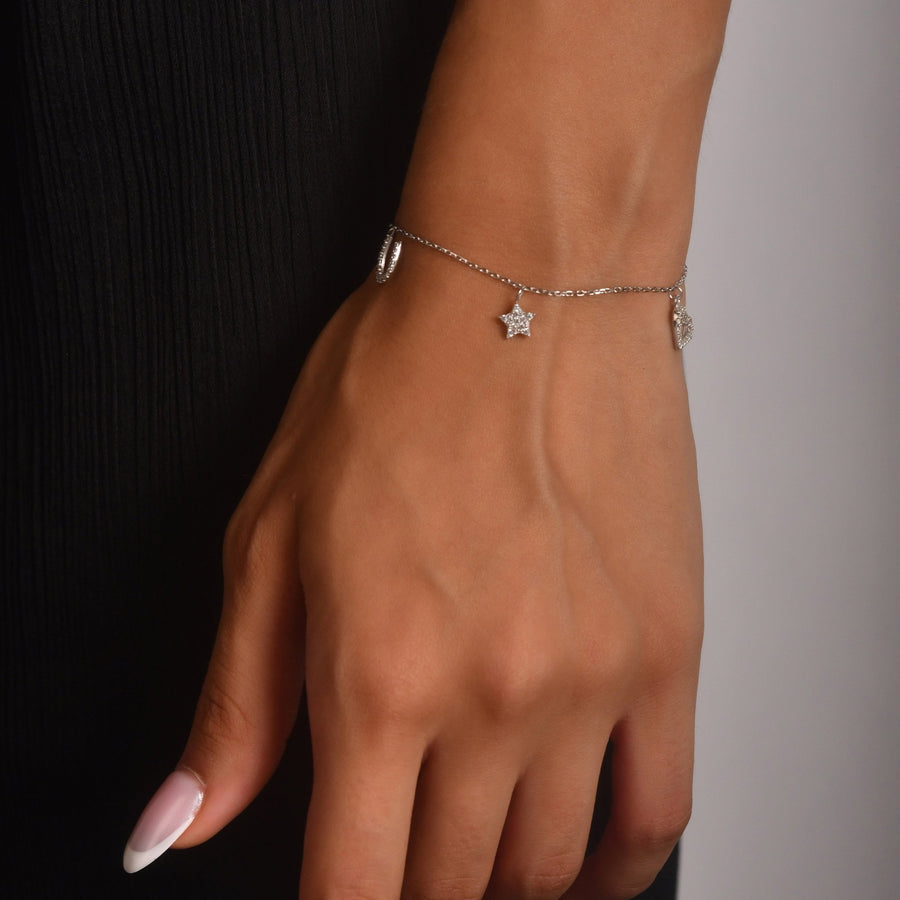 9ct White Gold Charm Bracelet • CZ Star & Heart Charms - Kolié Fine Jewellery