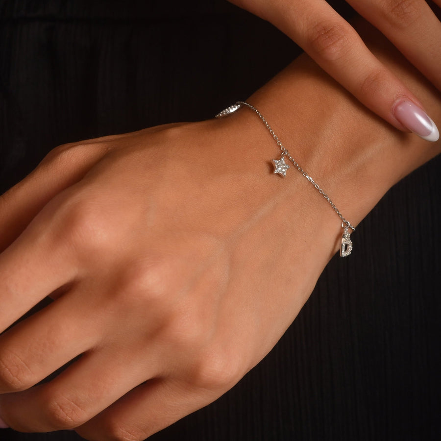9ct White Gold Charm Bracelet • CZ Star & Heart Charms - Kolié Fine Jewellery