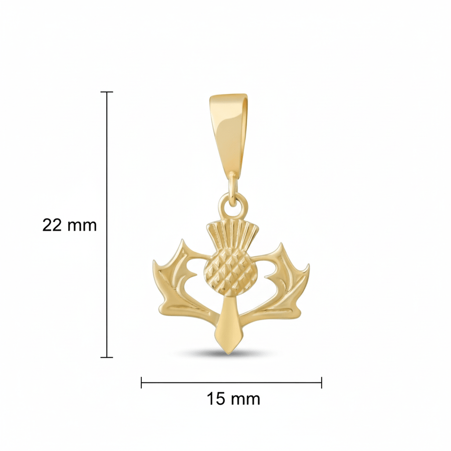 Large solid gold Scottish thistle pendant showing dimensions (22mm) on white background