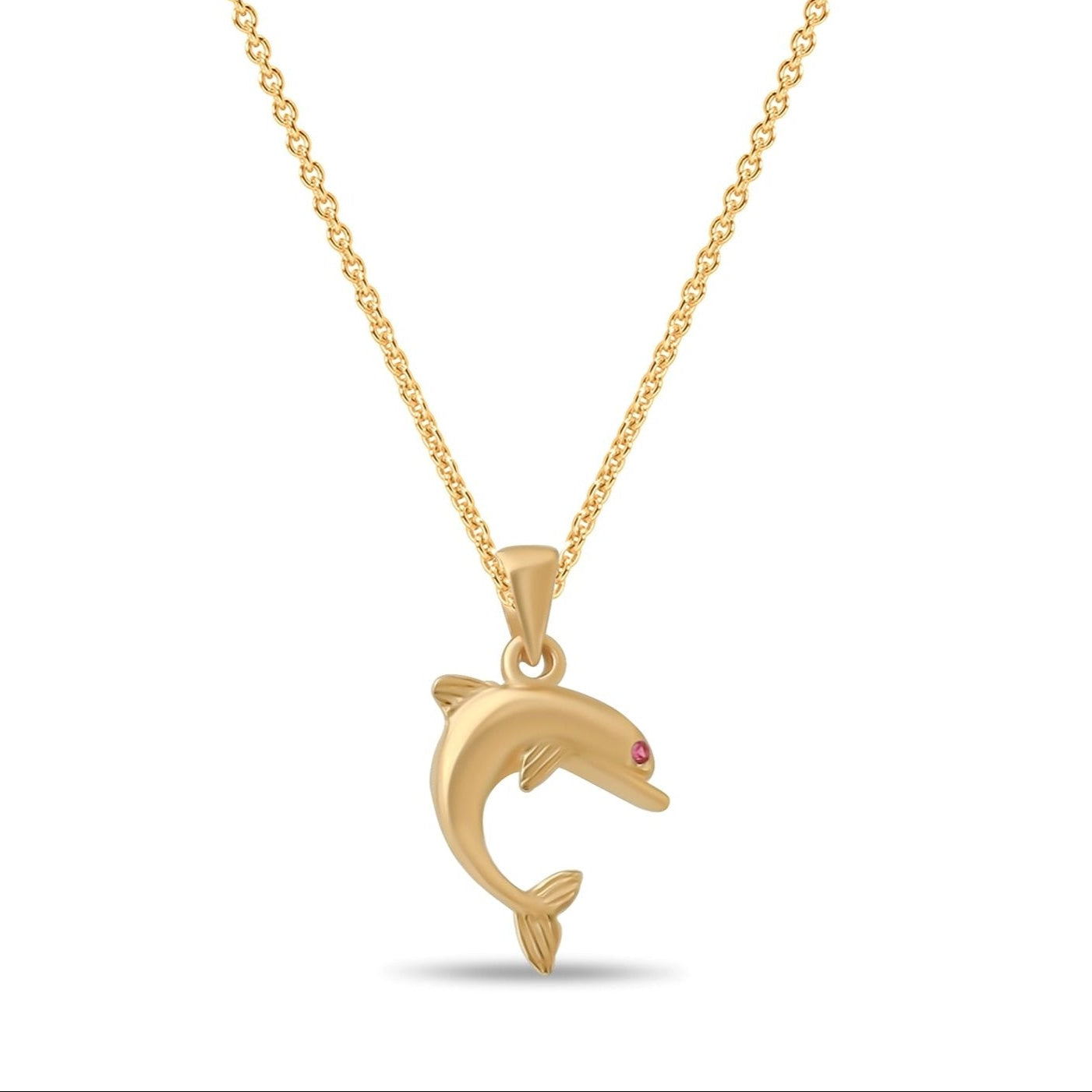 Gold dolphin-shaped pendant necklace with a polished finish, displayed on a white background.