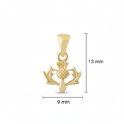 Close up of textured gold thistle charm design showing dimensions