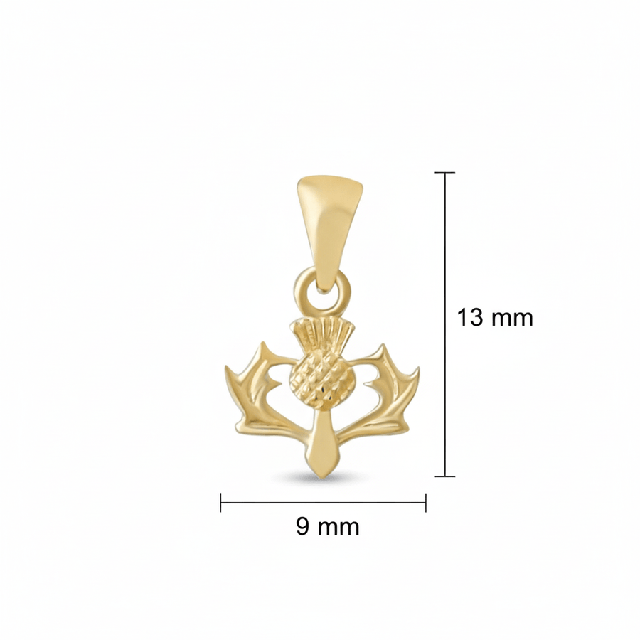Close up of textured gold thistle charm design showing dimensions