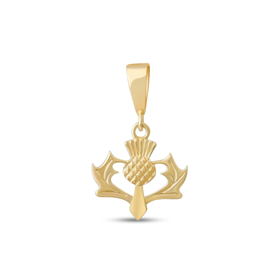 Close up of large hallmarked gold thistle pendant showing intricate texture
