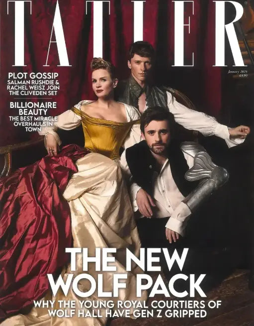 Magazine cover featuring a group of people in formal attire with the title 'Tatler' and text about 'The New Wolf Pack'.