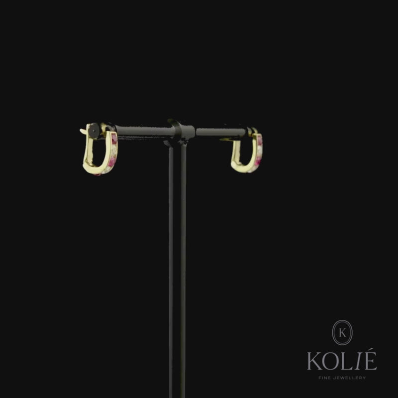 Kolié 9ct yellow gold bar earrings with alternating pink and clear cubic zirconia.