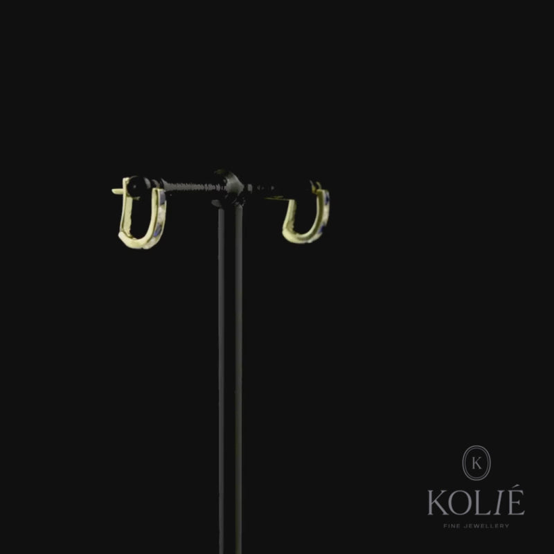 Kolié 9ct yellow gold bar earrings with sapphire blue and clear cubic zirconia stones in an alternating pattern