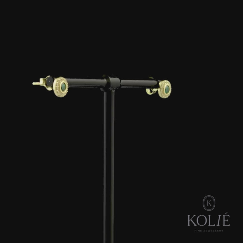Kolié 9ct yellow gold earrings featuring a green cubic zirconia center surrounded by a clear zirconia halo for an elegant, vibrant look.