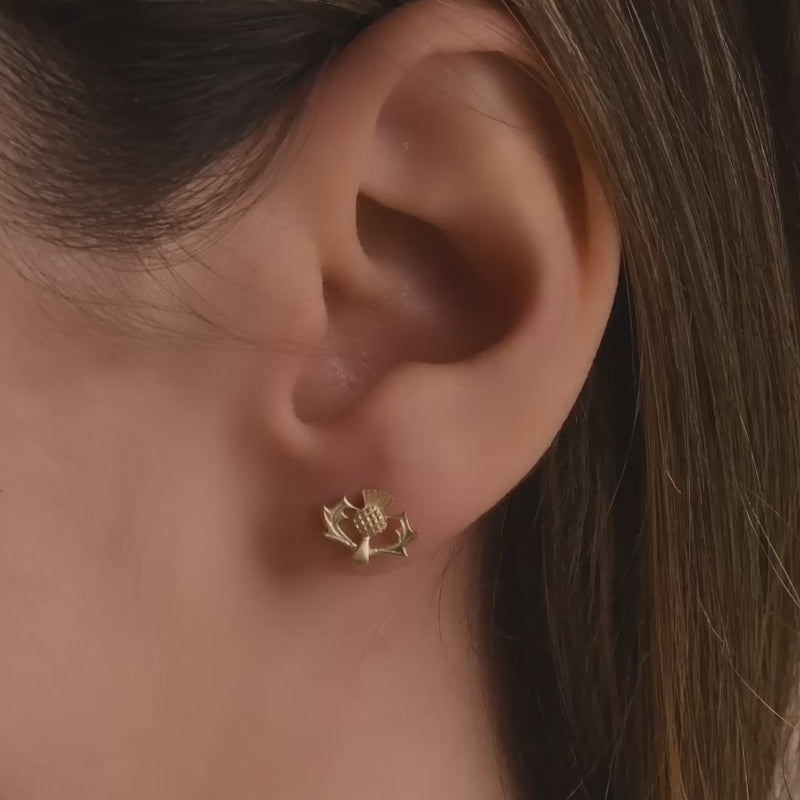 Video of a model wearing the gold thistle studs, showcasing their elegant and comfortable fit.

